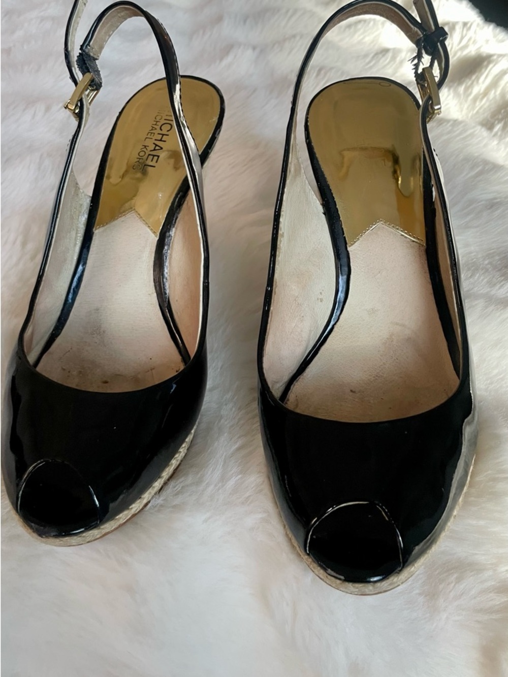 MICHAEL Michael Kors Black Patent Peep-Toe Slingback Wedges with Gold Insole